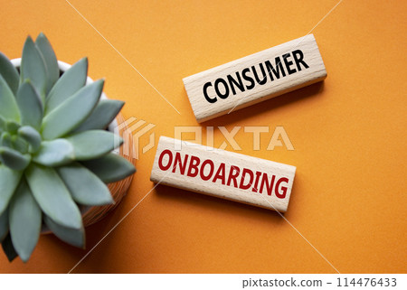 Consumer Onboarding symbol. Wooden blocks with words Consumer Onboarding. Beautiful orange background with succulent plant. Business and Consumer Onboarding concept. Copy space. 114476433