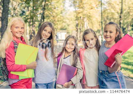 Pretty smiling little girls holding notebooks and stand together in the sunshine park 114476474