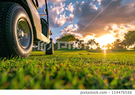 Golf cart car on golf course with grass field and cloud sky Golf cart car on golf course with grass field and cloud sky 114476588
