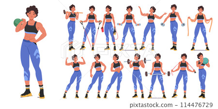 Set Of Young Woman Engaging In Different Fitness Exercises, From Weightlifting To Cardio Workouts. Bodybuilder Female Set Of Young Woman Engaging In Different Fitness Exercises, From Weightlifting To Cardio Workouts. Bodybuilder Female 114476729