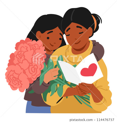 Affectionate Moment Between Mom And Daughter, As One Presents A Lush Bouquet Of Pink Flowers And A Heartfelt Card Affectionate Moment Between Mom And Daughter, As One Presents A Lush Bouquet Of Pink Flowers And A Heartfelt Card 114476737