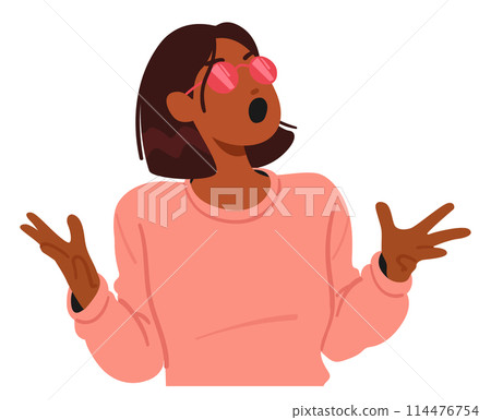 Woman With A Distressed Expression On Face Gesturing With Outstretched Hands. Female Character Wearing A Pink Shirt Woman With A Distressed Expression On Face Gesturing With Outstretched Hands. Female Character Wearing A Pink Shirt 114476754