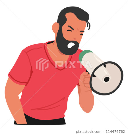 Vocal Man Shouts Into A Megaphone, Capturing A Moment Of Fervent Protest And Civic Engagement, Vector Illustration 114476762