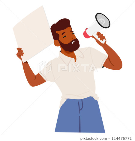 Determined Bearded Man Raises Blank Protest Sign And Speaks Into A Megaphone Embodying The Spirit Of Activism 114476771