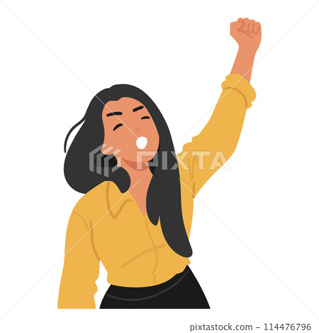 Woman With Long Black Hair Raising Her Fist In A Powerful, Motivational Stance. Aggressive Female Character Woman With Long Black Hair Raising Her Fist In A Powerful, Motivational Stance. Aggressive Female Character 114476796