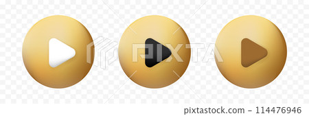 Gold 3D play button. Golden round play button. 114476946