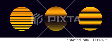 Retro sun vector sunset logo. Old sun circle sunrise design. 114476969