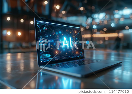 A modern laptop with a glowing AI text on its screen, is on a clean, white desk in a minimalistic office space 114477010