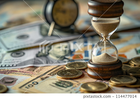 Sand running through the shape of hourglass on table with banknotes and coins of international currency. Time investment and retirement savings Sand running through the shape of hourglass on table with banknotes and coins of international currency. Time investment and retirement savings 114477014