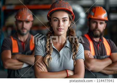Group of factory workers standing together with crossed arms and smiling in industry factory, dressed in uniform and wearing helmets 114477041