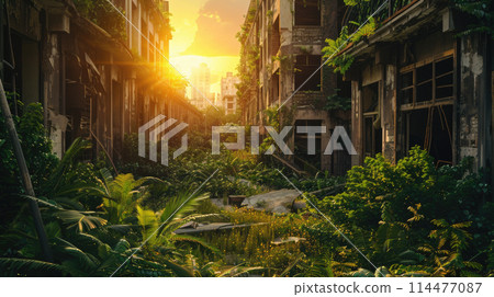 City after end of world at sunset, abandoned buildings overgrown with grass and green plants. Theme of post apocalypse, apocalyptic destruction, future, dystopia 114477087
