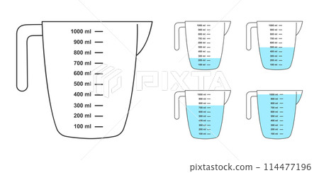 Set of empty and water filled measuring cups with 1 liter volume. Liquid containers for cooking or chemical experiment with fluid capacity scale isolated on white background. Vector flat illustration Set of empty and water filled measuring cups with 1 liter volume. Liquid containers for cooking or chemical experiment with fluid capacity scale isolated on white background. Vector flat illustration 114477196