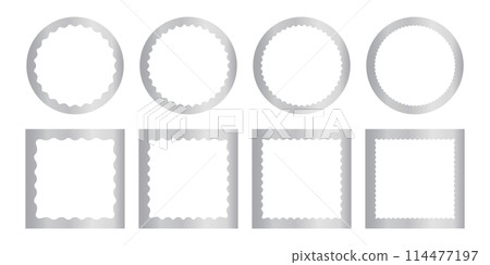 Set of shining silver square and round mirror, photo or picture frames with wavy inner borders. Decoration design elements. Metallic stickers isolated on white background. Vector illustration Set of shining silver square and round mirror, photo or picture frames with wavy inner borders. Decoration design elements. Metallic stickers isolated on white background. Vector illustration 114477197