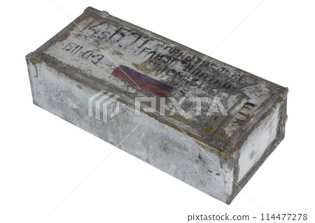 Soviet army box of 14.5mm ammunition. Text in russian - "When shooting, lubricate the cartridge case" and type of ammunition, projectile caliber, projectile type. Soviet army box of 14.5mm ammunition. Text in russian - "When shooting, lubricate the cartridge case" and type of ammunition, projectile caliber, projectile type. 114477278