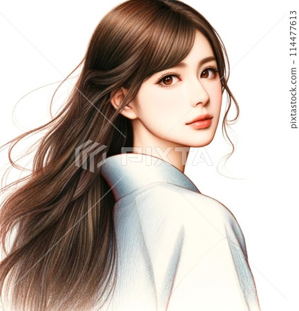 Beautiful woman looking back with her hair fluttering 4 White background [AI generated image] 114477613