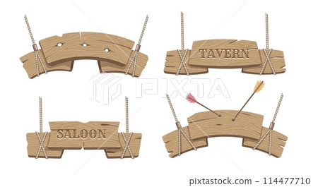 Cartoon wooden sign boards with ropes Cartoon wooden sign boards with ropes 114477710