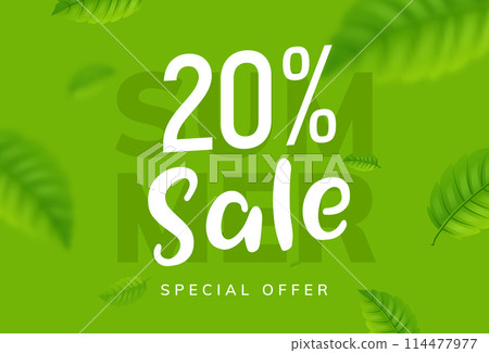 Lively green 20 percent sale promotion, fresh foliage background enhances special offer. Celebrate Lively green 20 percent sale promotion, fresh foliage background enhances special offer. Celebrate 114477977