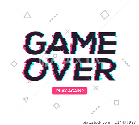 Game over screen glitch video retro pixel background. Game over glitch screen font effect 114477988
