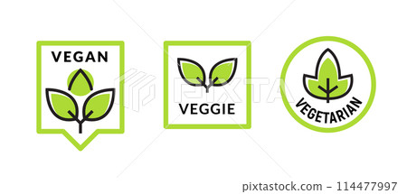 Vegan plant icon logo. Vegetarian plant symbol nature badge bio product eco label icon 114477997
