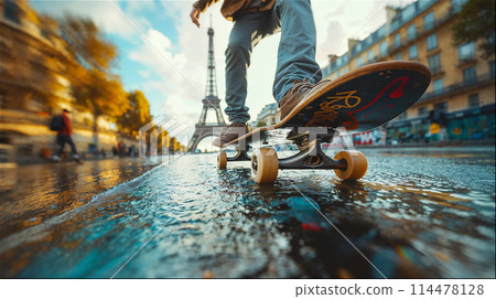 A skateboarder executes a stylish trick with the Eiffel Tower in the background. 114478128