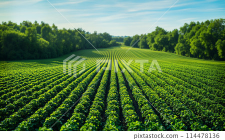 Expansive green crop field on a sunny day. 114478136