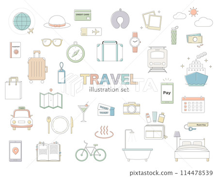 Travel illustration set line drawing airplane suitcase hot spring camera mobile Golden Week vacation Travel illustration set line drawing airplane suitcase hot spring camera mobile Golden Week vacation 114478539
