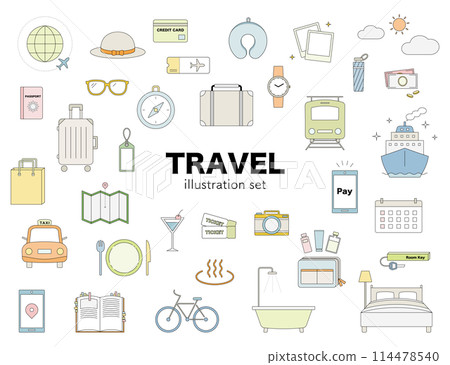 Travel illustration set line drawing airplane suitcase hot spring camera mobile Golden Week vacation 114478540