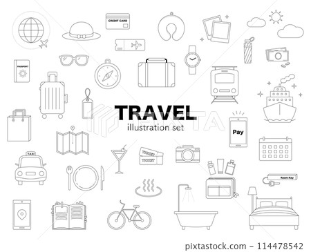 旅行旅行插畫套裝線畫飛機手提箱溫泉相機手機單色 旅行旅行插畫套裝線畫飛機手提箱溫泉相機手機單色 114478542