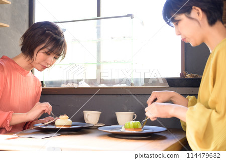 Two women eating cake in a cafe Two women eating cake in a cafe 114479682