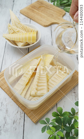 Image of boiled bamboo shoots soaked in water and stored in a container, changing the water every day 114480093