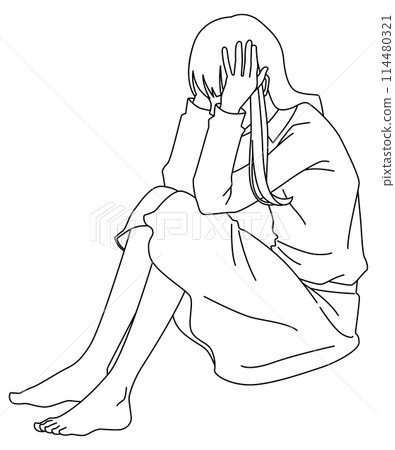 一個女人抱著頭，坐在體育館裡遇到困難的線條畫 114480321