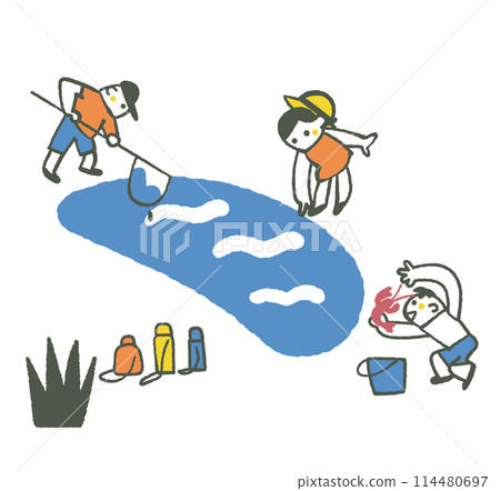 Children happily fishing for crayfish Illustration 114480697