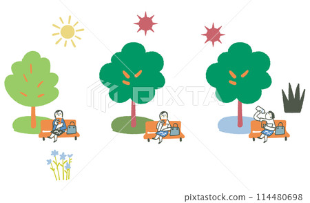 A set of illustrations of students relaxing comfortably in the shade of trees from early summer to midsummer 114480698