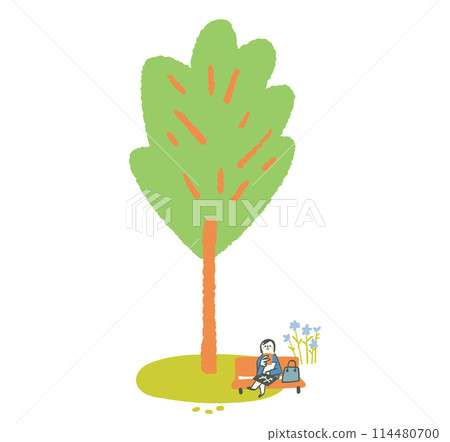 一名學生在長著嫩葉的大樹蔭下看著智慧型手機放鬆。 一名學生在長著嫩葉的大樹蔭下看著智慧型手機放鬆。 114480700