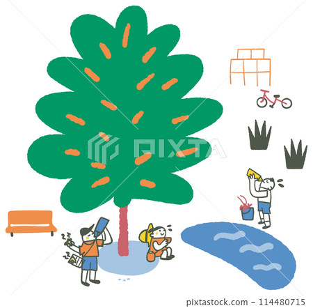Children hydrating in the shade of a lush tree Illustration 114480715