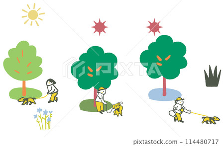 一組從初夏到盛夏人們悠閒遛狗的插畫素材 一組從初夏到盛夏人們悠閒遛狗的插畫素材 114480717