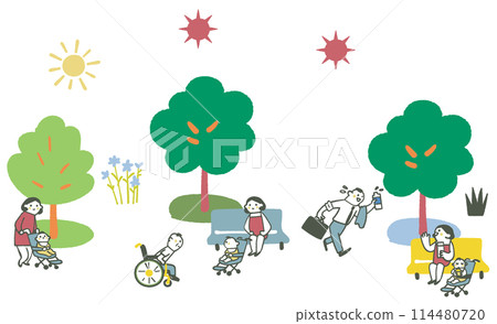 一組初夏到盛夏媽媽與寶寶幸福相處的插畫素材 114480720