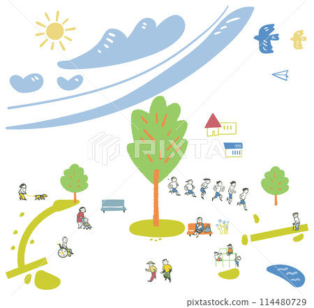 People preparing for the summer heat by playing sports and taking walks in a park with large trees Heat acclimatization Set of illustrations People preparing for the summer heat by playing sports and taking walks in a park with large trees Heat acclimatization Set of illustrations 114480729
