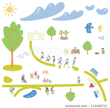 人們透過在有大樹的公園裡進行運動和散步來準備夏季炎熱。 114480732