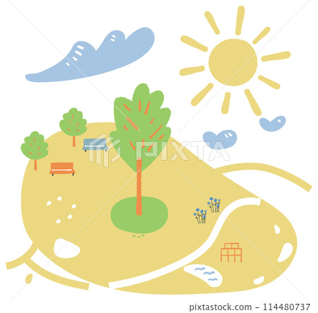 春天或初夏有大樹的公園,陽光傾瀉在插畫素材中 春天或初夏有大樹的公園,陽光傾瀉在插畫素材中 114480737