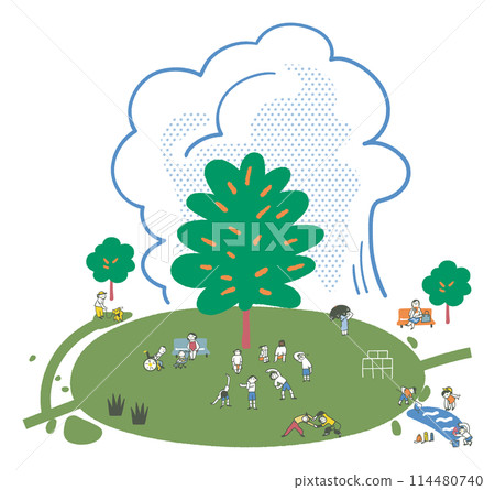 People playing sports and taking walks in the shade of a large tree on a hot summer day. Heat stroke prevention. Set of illustrations 114480740