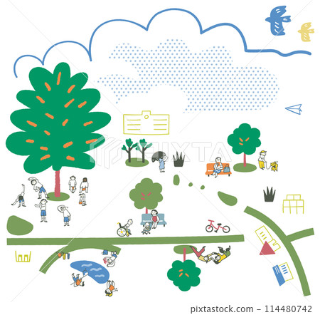 People playing sports and taking walks in the shade of a large tree on a hot summer day. Heat stroke prevention. Set of illustrations People playing sports and taking walks in the shade of a large tree on a hot summer day. Heat stroke prevention. Set of illustrations 114480742