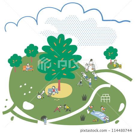 People playing sports and taking walks in the shade of a large tree on a hot summer day. Heat stroke prevention. Set of illustrations 114480744