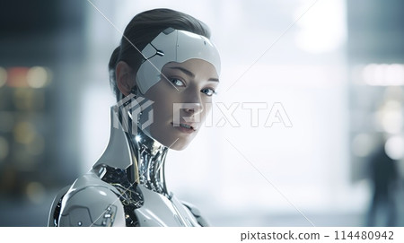 Futuristic female robot using in a modern technological environment 114480942