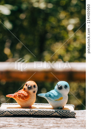 藍鶲和吃食物的麻雀 藍鶲和吃食物的麻雀 114480960