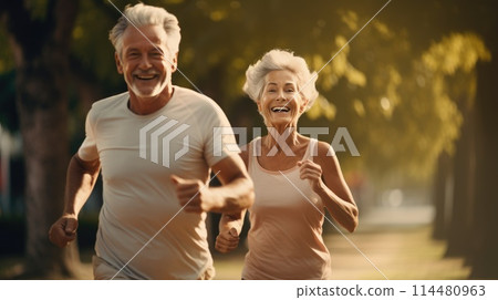 Happy Senior Couple Enjoying a Morning Run Together in the Beautiful Green Park 114480963