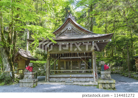 Kifune Shrine Okumiya: The worship hall and main hall, surrounded by fresh greenery Kifune Shrine Okumiya: The worship hall and main hall, surrounded by fresh greenery 114481272
