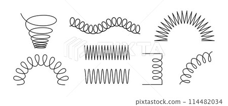 Black wire coil spring collection. Spiral spring set. Thin wire frames, zigzag lines, metal waves, flexible coils and arch element pack for graphic design templates, decor, border. Vector bundle Black wire coil spring collection. Spiral spring set. Thin wire frames, zigzag lines, metal waves, flexible coils and arch element pack for graphic design templates, decor, border. Vector bundle 114482034