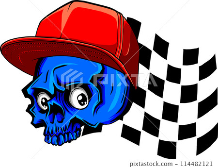 vector illustration of skull with hat and racing flag on white background. digital draw vector illustration of skull with hat and racing flag on white background. digital draw 114482121