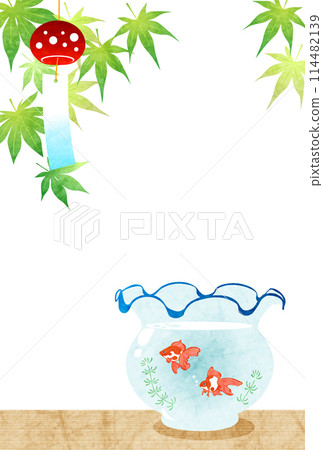 夏日問候,明信片,明信片,風鈴,藍色秋葉,金魚,可愛,插畫,背景,豎版 夏日問候,明信片,明信片,風鈴,藍色秋葉,金魚,可愛,插畫,背景,豎版 114482139